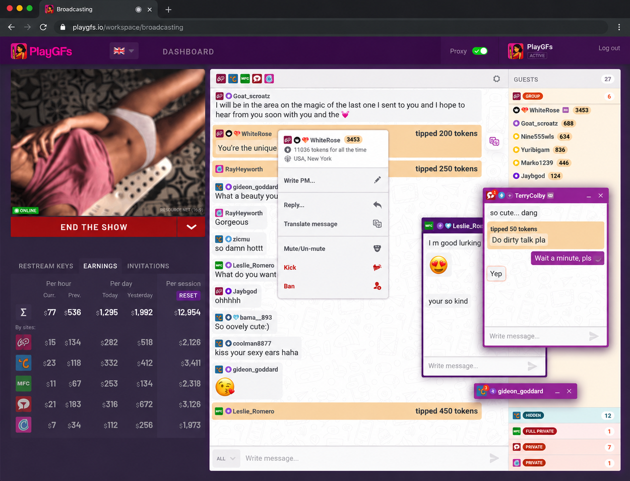PlayGFs broadcasting workspace preview showing the live stream, a unified multi-platform chat feed, viewer and guest activity, and per-session earnings